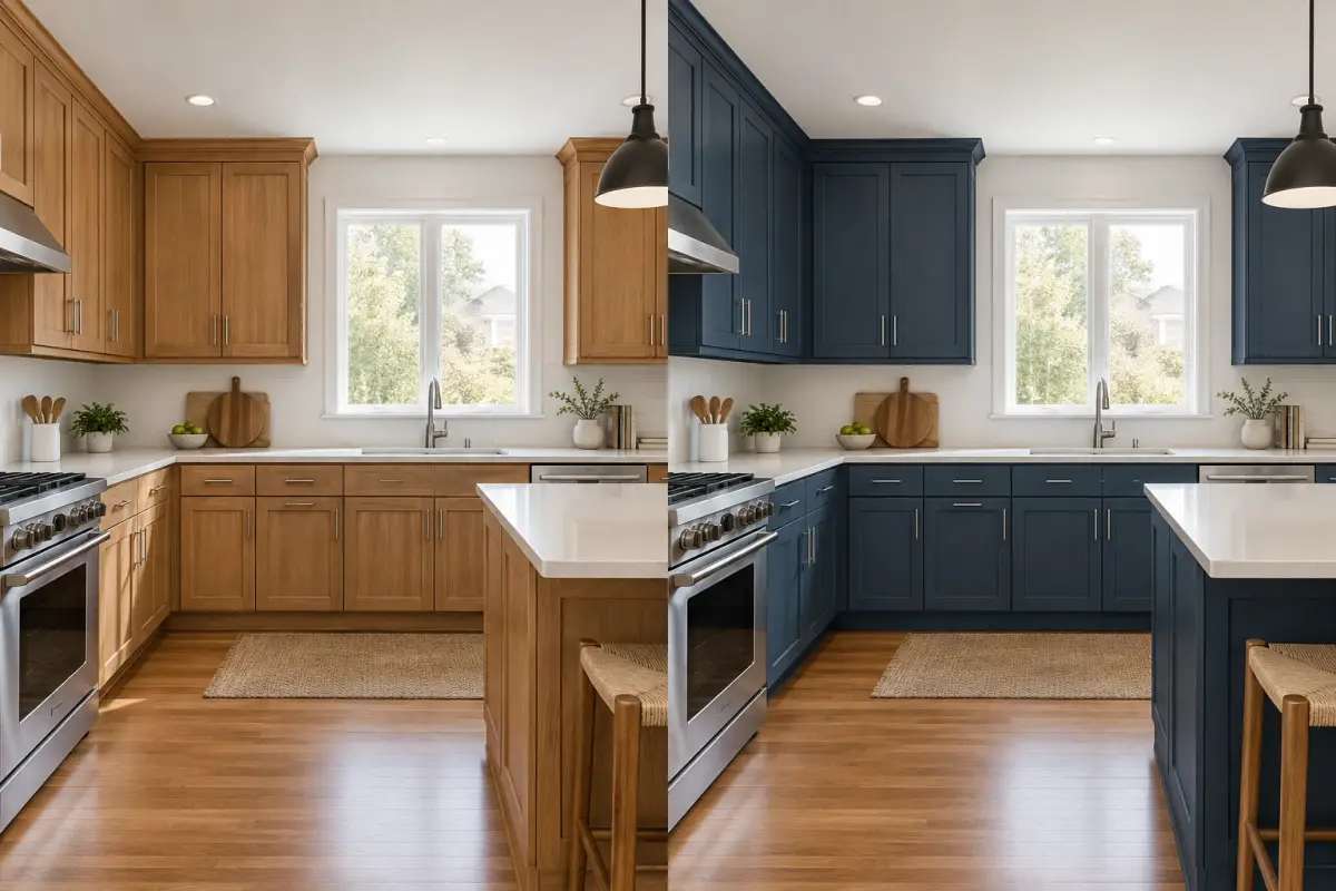 AI color concept: the same kitchen before with honey oak cabinets and after with muted navy cabinets