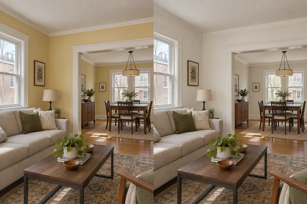 AI color concept: the same bungalow room before with yellow walls and after with soft white walls
