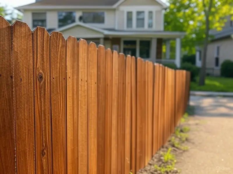A cedar privacy fence freshly stained in a warm brown, with a house behind it