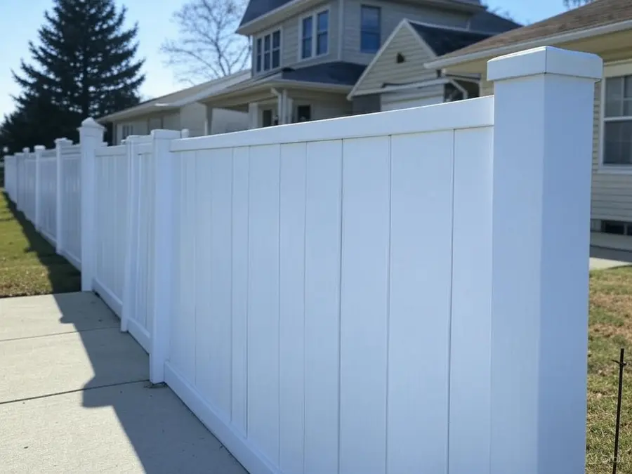 A white painted fence running along a city lot with homes behind
