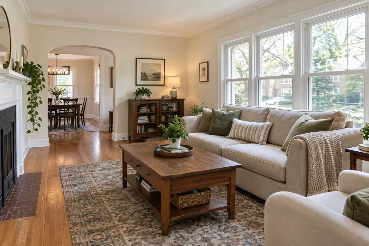 Finish inspiration: warm white walls and crisp trim in a Chicago bungalow living room
