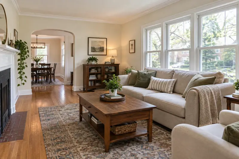 Finish inspiration: warm white walls and crisp trim in a Chicago bungalow living room