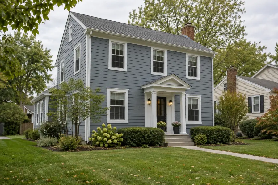 Finish inspiration: blue-gray siding and white trim on a Midwestern colonial home
