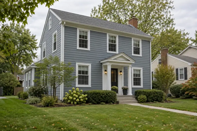Finish inspiration: blue-gray siding and white trim on a Midwestern colonial home