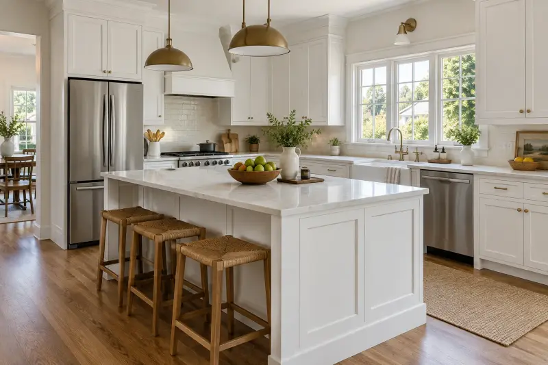 Finish inspiration: white shaker cabinetry with brass hardware and oak floors