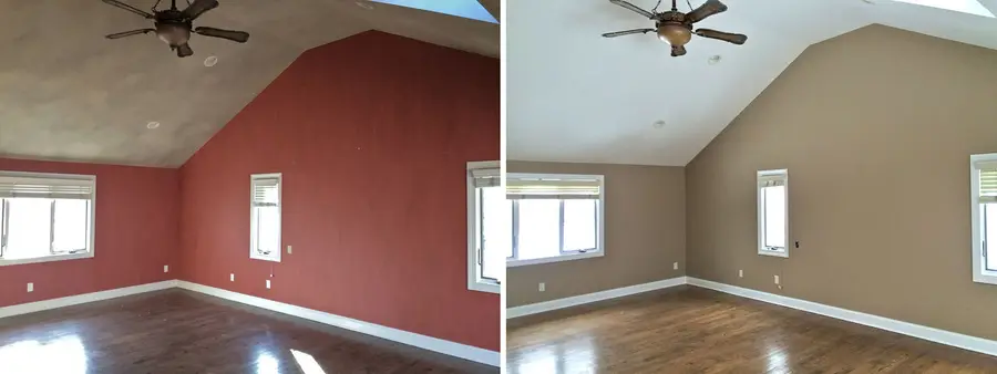 A vaulted living room before and after, deep red walls repainted in a warm greige over dark hardwood