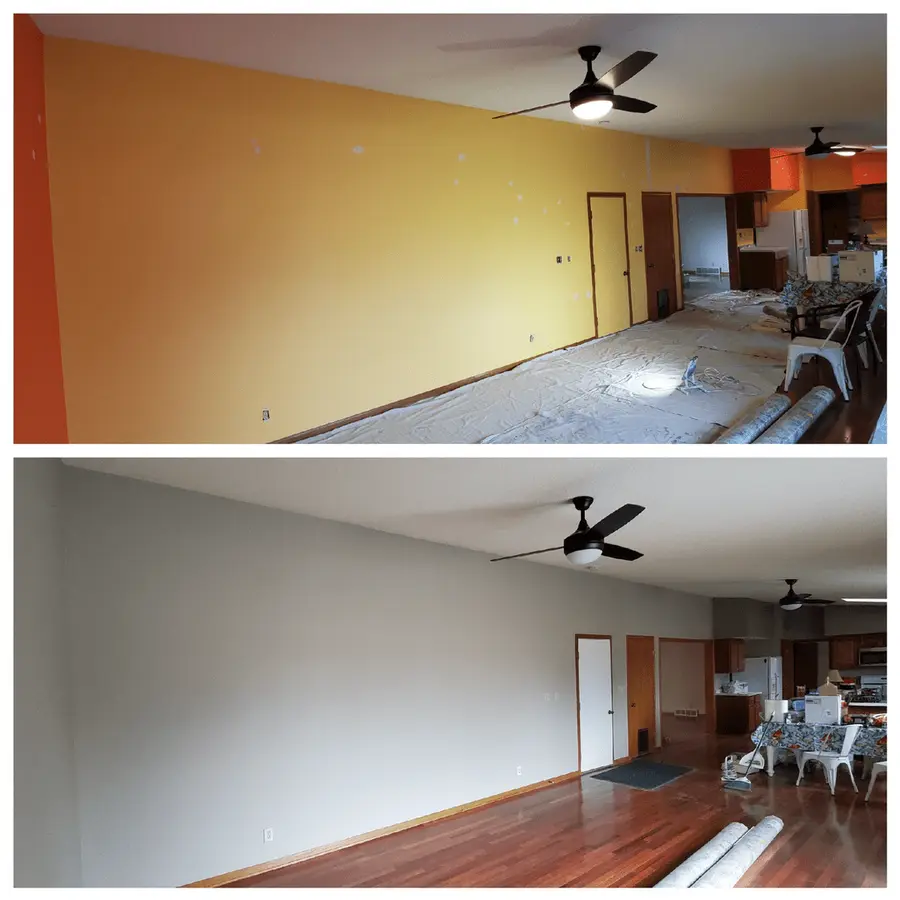 An open living and dining area before and after, yellow walls repainted in a soft gray