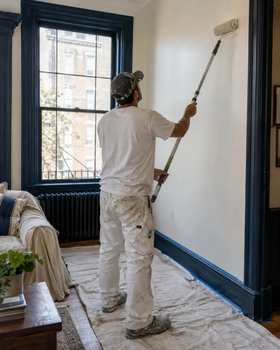 Illustrative interior painting scene with protected floors and careful roller work